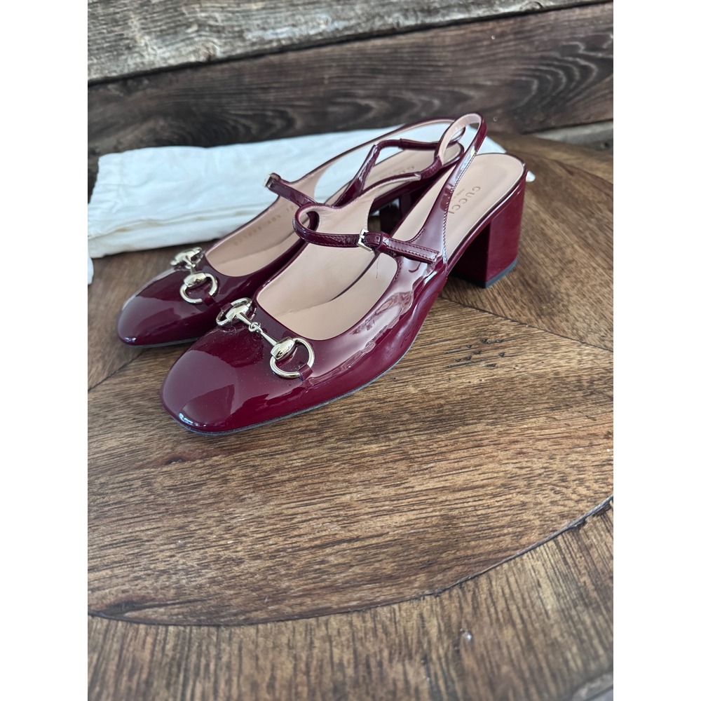 Gucci Horsebit Slingback Pumps Burgundy Patent Leather Block Heel Mary Jane 40.5